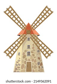 Mill on white background. Dutch windmill. Rural Element of the village, countryside. Production of natural food. European architecture and landmark of the Netherlands with red roof