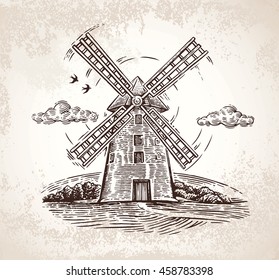 Mill in rural landscape, drawn by hand, in a graphic style.