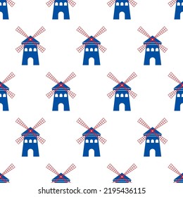 Mill seamless pattern. Symbol mill in national color France. France pattern with mill on white background. Patriotic design for print on wallpaper, wrapping paper, fabric Vector illustration