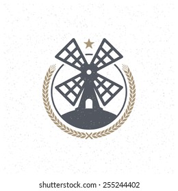 Mill silhouette design element in vintage style for logo or badge. Bakery shop retro vector illustration.
