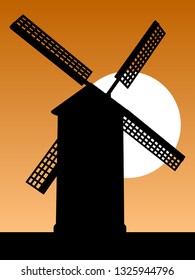 Mill silhouette. Old mill silhouette on the sky background at sunset. Vector illustration.

