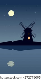Silueta de molino bajo la luna ilustración de la noche