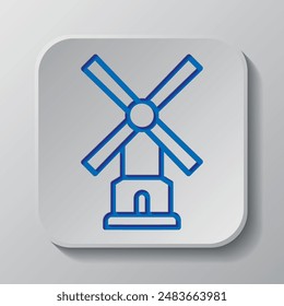 Mill simple icon. Flat design. Paper cut design. Cutted blue symbol with shadow. Gray badge button, gray background.ai