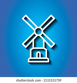 Mill simple icon. Flat desing. White icon with shadow on blue background.ai