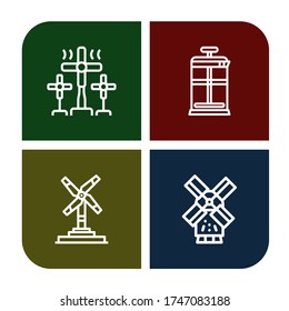 mill simple icons set. Contains such icons as Windmill, French press, Wind turbine, can be used for web, mobile and logo