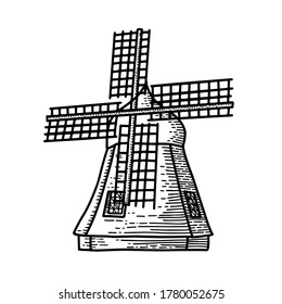 Mill sketch. Hand drawn vintage windmill. Engraved style vector illustration isolated on white background