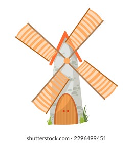 Mill. Una torre de piedra con molino de viento. Edificios agrícolas. Un conjunto de artículos para la granja. Ilustración eólica aislada en fondo blanco.