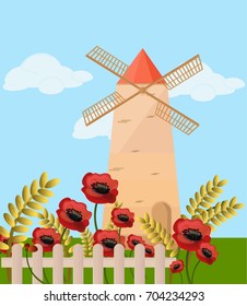 Mill in the summer Vector. Poppy flowers provence style