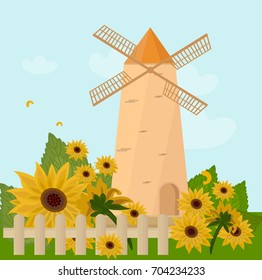 Mill in the summer Vector. Sunflowers provence style
