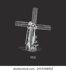 Mill vector illustration.  Old Mill vintage hand drawing. 