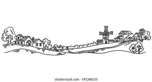 Mill Village,  villa in the countryside, vector vintage hand drawn illustration