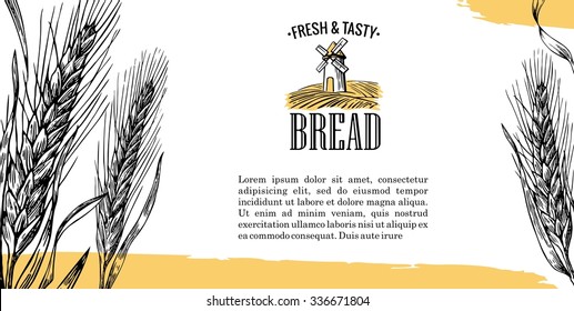 Mill with wheat field and ears. Engraving vintage vector engraving illustration for logotype, label, poster, corporate identity, presentations, flayer for bakery and bread shop