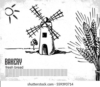 Mill with wheat field and ears of wheat. Vintage vector engraving illustration for logotype, label, poster, corporate identity, presentations, flayer for bakery shop.