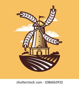 Mill, windmill, eat wheat, bread symbol. Bakery, bakehouse logo or label. Vintage vector illustration