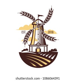 Mill, windmill, eat wheat, bread symbol. Bakery, bakehouse logo or label. Vintage vector illustration