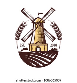 Mill, windmill, eat wheat, bread symbol. Bakery, bakehouse logo or label. Vintage vector illustration
