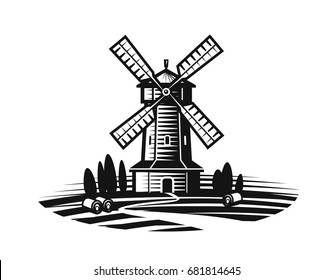 Mill, windmill label or logo. Farm, agriculture, bakery, bread icon. Vintage vector illustration