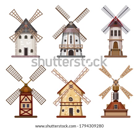 Mill or windmill wooden wheat and flour building