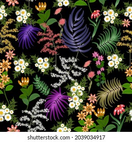 Mille Fleur Seamless pattern with bright flowers and tropical leaves of palm tree on black background. Botany vector background, jungle wallpaper.