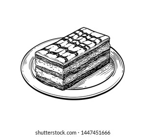 Mille-feuille dessert on porcelain plate. Ink sketch isolated on white background. Hand drawn vector illustration. Retro style.