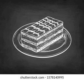 Mille-feuille, french dessert on porcelain plate. Chalk sketch on blackboard background. Hand drawn vector illustration. Retro style.