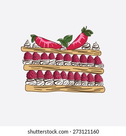 Millefeuille with raspberry and strawberry butter cream. Vector drawing