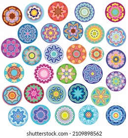 Millefiori - colorful different glass beads. Abstract mosaic pattern - objects isolated on a white background. Vector set for design.