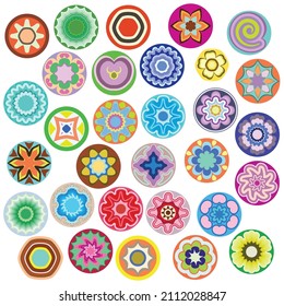 Millefiori - colorful different glass beads. Abstract mosaic pattern - objects isolated on a white background. Vector set for design.