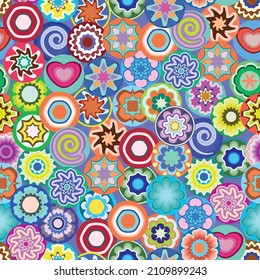 Millefiori - colorful seamless pattern. Abstract mosaic pattern with glass beads. Vector clipart.