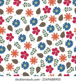 Millefleur floral seamless pattern. Allover print surface design featuring spring flowers artwork. Blooming pink, yellow, blue wildflowers and leaves on white background. 