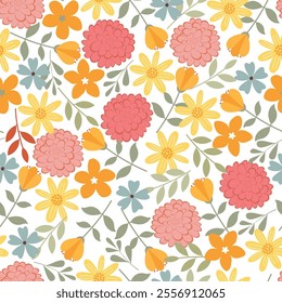 Millefleur floral seamless surface pattern design featuring blooming pink, yellow, blue wildflowers and leaves. Allover print spring flowers artwork of wild blossom on white background. 