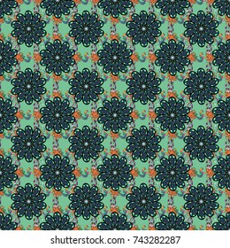 Millefleurs. Floral sweet seamless background for textile, fabric, covers, wallpapers, print, wrap, scrapbooking, decoupage. Pretty vintage feedsack pattern in small green, black and blue, flowers.