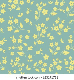 Millefleurs seamless pattern design with small field flowers silhouettes, daisies, botanical elements, light yellow on silver grey background. For fabric prints, wallpaper, upholstery, luxury, elegant