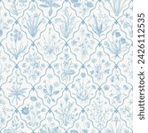 Millefleurs. Seamless pattern. Vintage vector botanical illustration. Blue and white