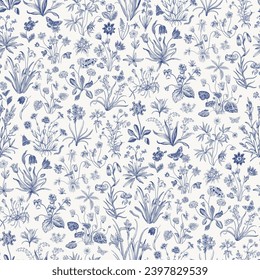 Millefleurs. Seamless pattern. Vintage vector botanical illustration. Blue and white 