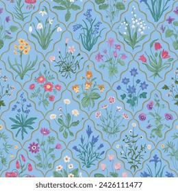 Millefleurs. Seamless pattern. Vintage vector botanical illustration. Blue