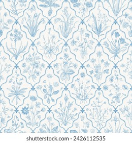 Millefleurs. Seamless pattern. Vintage vector botanical illustration. Blue and white