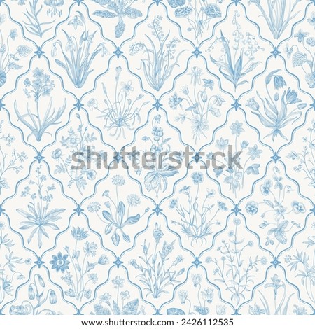 Millefleurs. Seamless pattern. Vintage vector botanical illustration. Blue and white