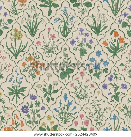 Millefleurs. Seamless pattern. Vintage vector botanical illustration. Retro. NOT AI generated