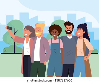 Millenial diverse group taking selfie cityscape background