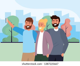 Millenial diverse group taking selfie cityscape background