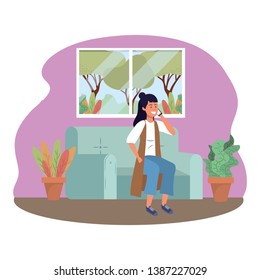Millenial person sitting using smartphone indoors background frame