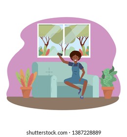 Millenial person sitting using smartphone indoors background frame