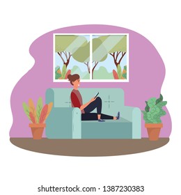 Millenial person sitting using smartphone indoors background frame