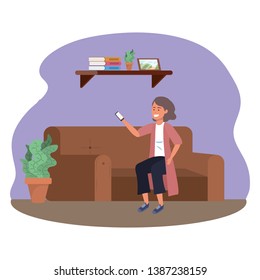 Millenial person sitting using smartphone indoors background frame