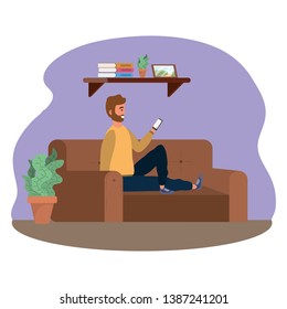Millenial person sitting using smartphone indoors background frame