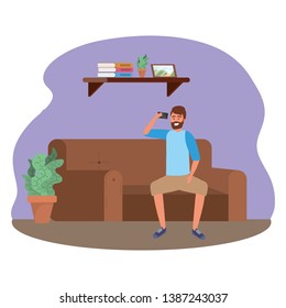 Millenial person sitting using smartphone indoors background frame