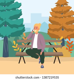 Millenial person smartphone park bench background