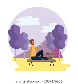 Millenial sitting on park bench outdoors