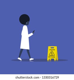 Millennial black female character addicted to a smartphone. Nomophobia. Caution, wet floor. Wet surface. Flat editable vector illustration, clip art